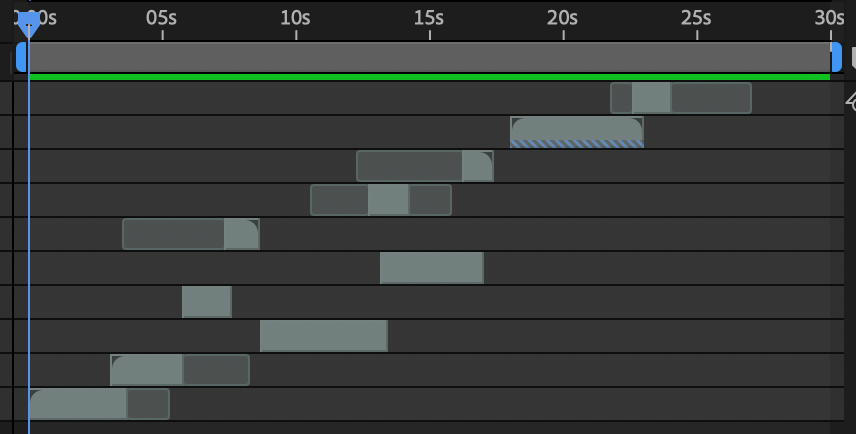 Comp 1, the clips clipped together in the compositing timeline (red version)