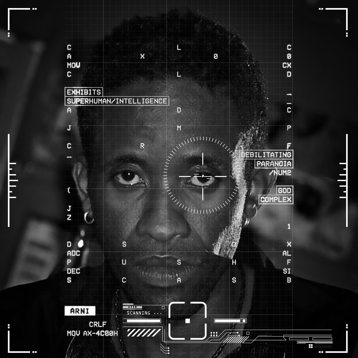 Black and white face with HUD scanner overlay, god complex
