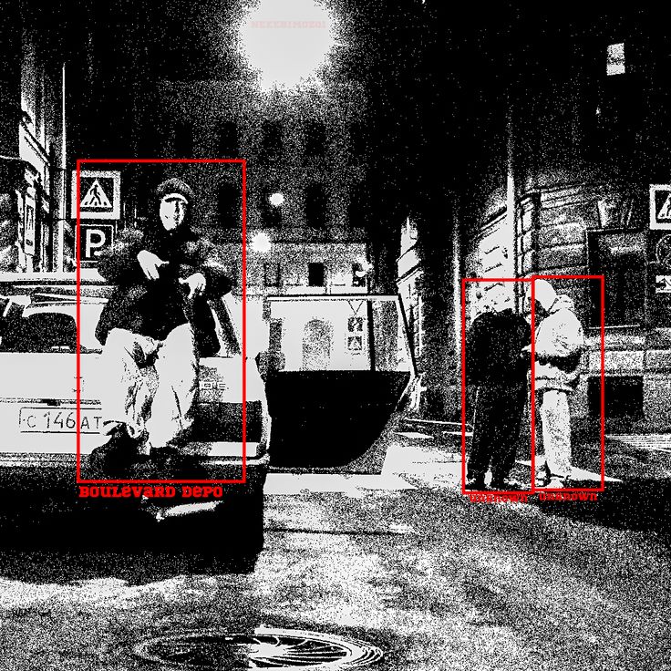 Black and white street with red tracking boxes, Boulevard Depo