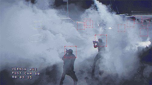 CCTV surveillance footage with red tracking boxes