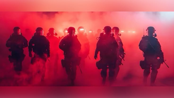 SWAT squad walking through red smoke