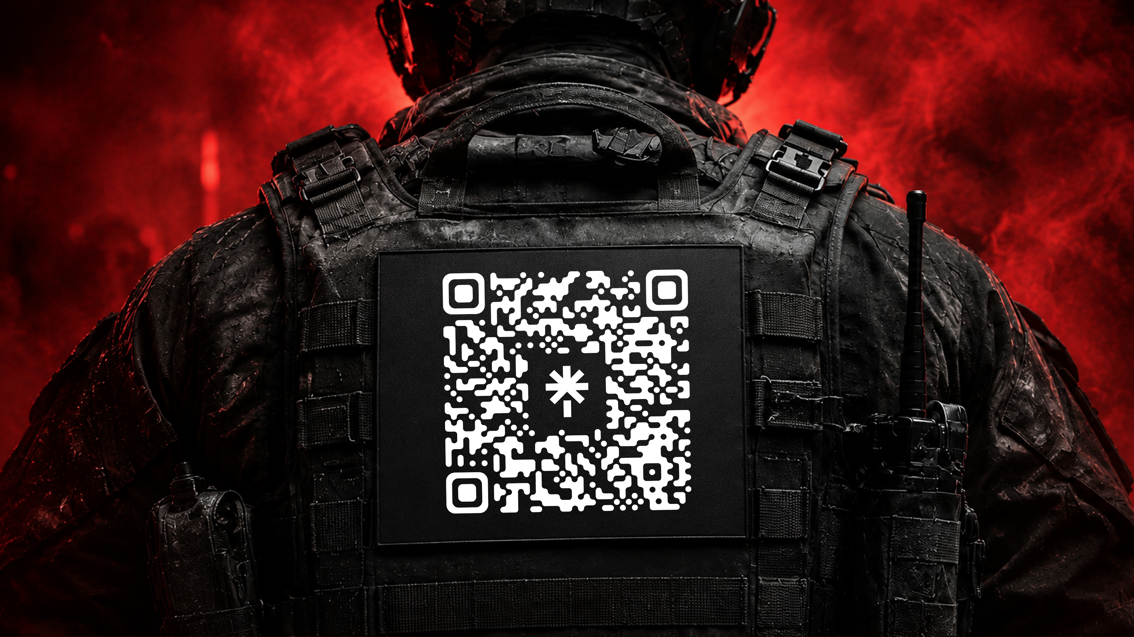 QR code built onto the soldier's back vest, the in frame