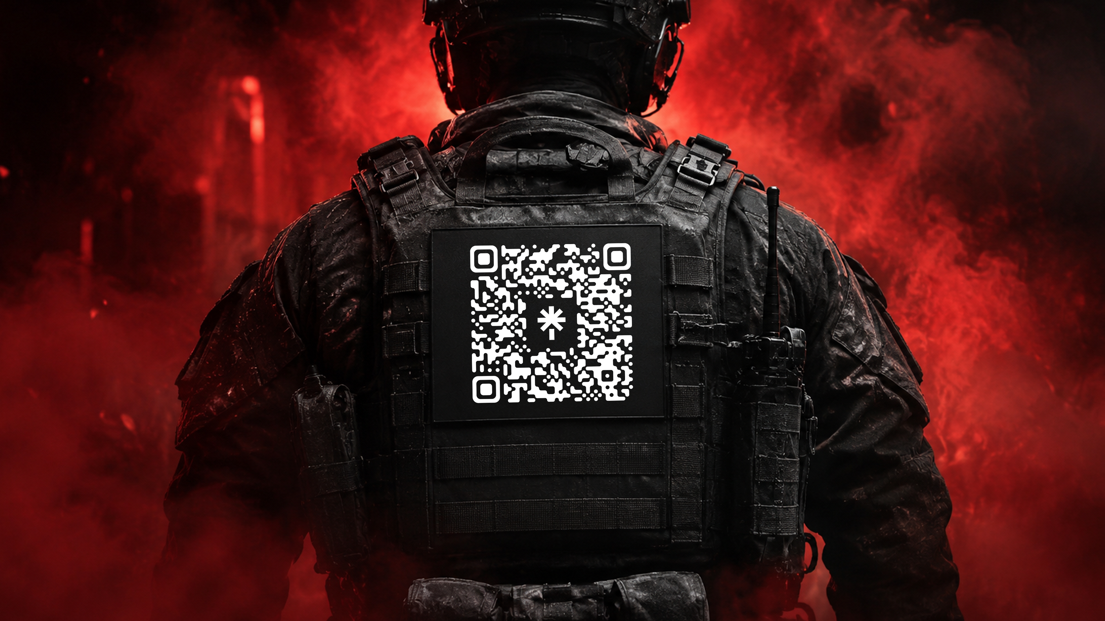 QR code on the soldier's back vest, the out frame