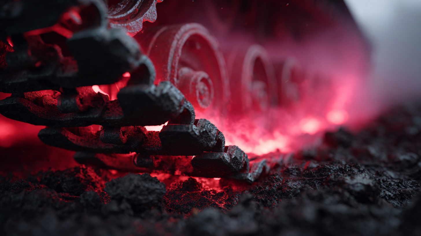 Extreme close-up side angle of a heavy tank tread, red glow